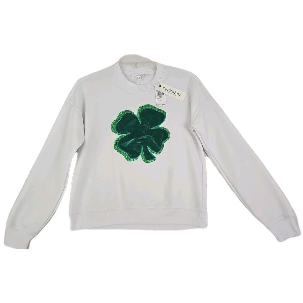 Workshop ~Woman Size XS/TP~ White/Green Sequin Shamrock Sweatshirt NWT $58.00